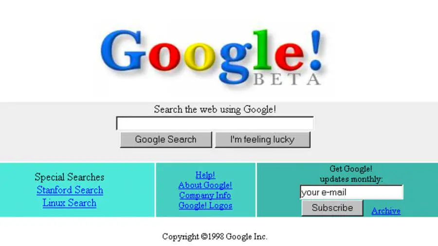 1998 жылғы Google интерфейсі